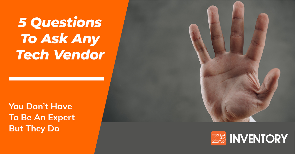 A hand holds up five fingers to indicate the five questions you should ask any tech vendor approaching healthcare providers.