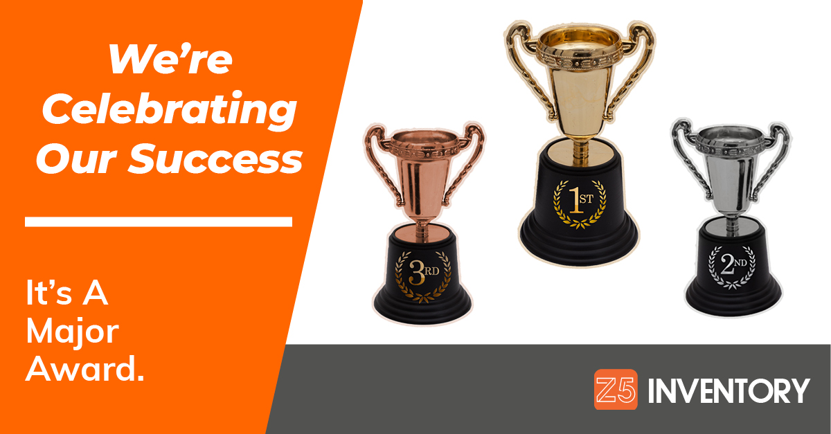Trophies for first, second, and third accompany the announcement of Z5 Inventory winning an industry award.