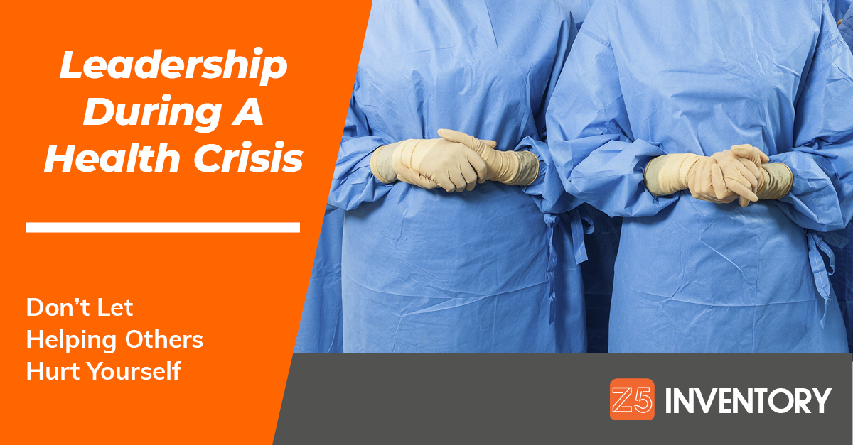 Clasped hands in PPE gloves indicate the need for healthcare leadership during a supply shortage. 