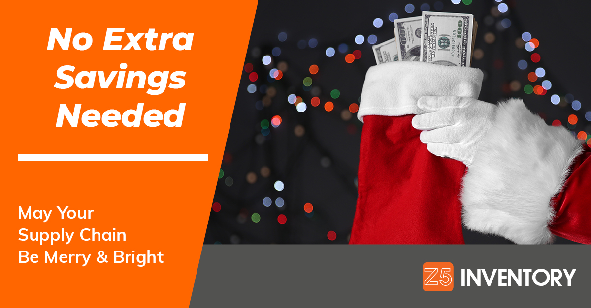 A Santa Claus hand holds up a stocking filled with hundred dollar bills to illustrate savings in the holiday season and all year round in the healthcare supply chain.