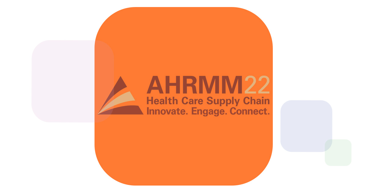 an orange chiclet surrounding the words AHRMM22 health care supply chain innovate engage connect with a pyramid