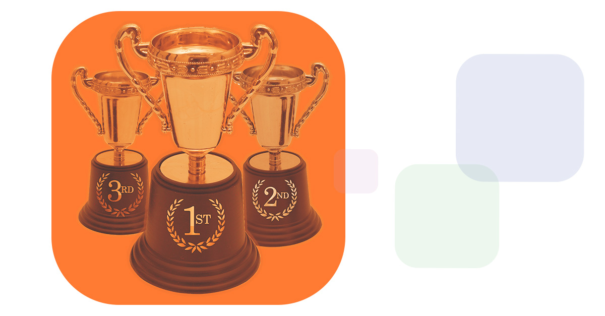 Outstanding Healthcare Inventory Awards trophies marked 1st, 2nd, and 3rd are arranged on an orange chiclet with variously colored smaller chiclets floating nearby