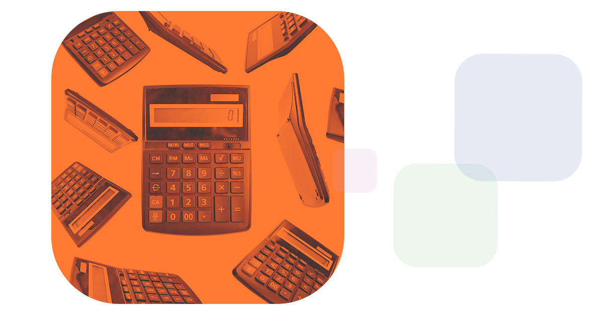 an orange chiclet surrounding a storm of falling calculators