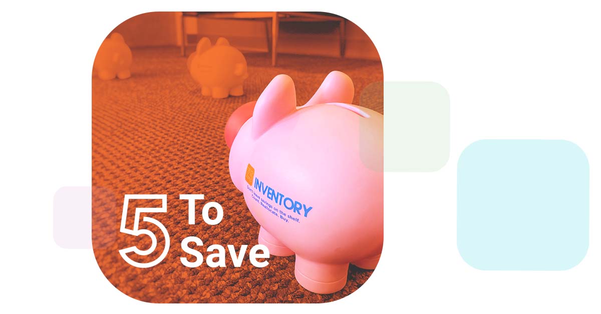 White text reading 5 To Save overlaid on a picture of several piggy banks following each other toward a door and exiting an office