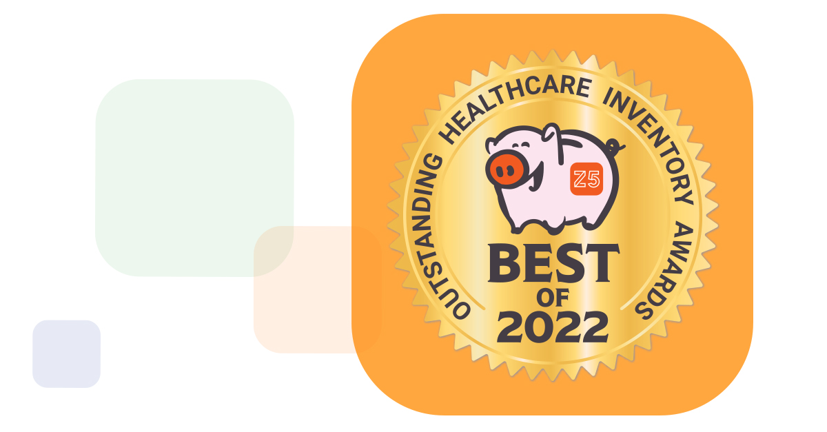 The official golden badge of the Outstanding Healthcare Inventory Awards including Ziggy the piggy bank and the words Best Of 2022