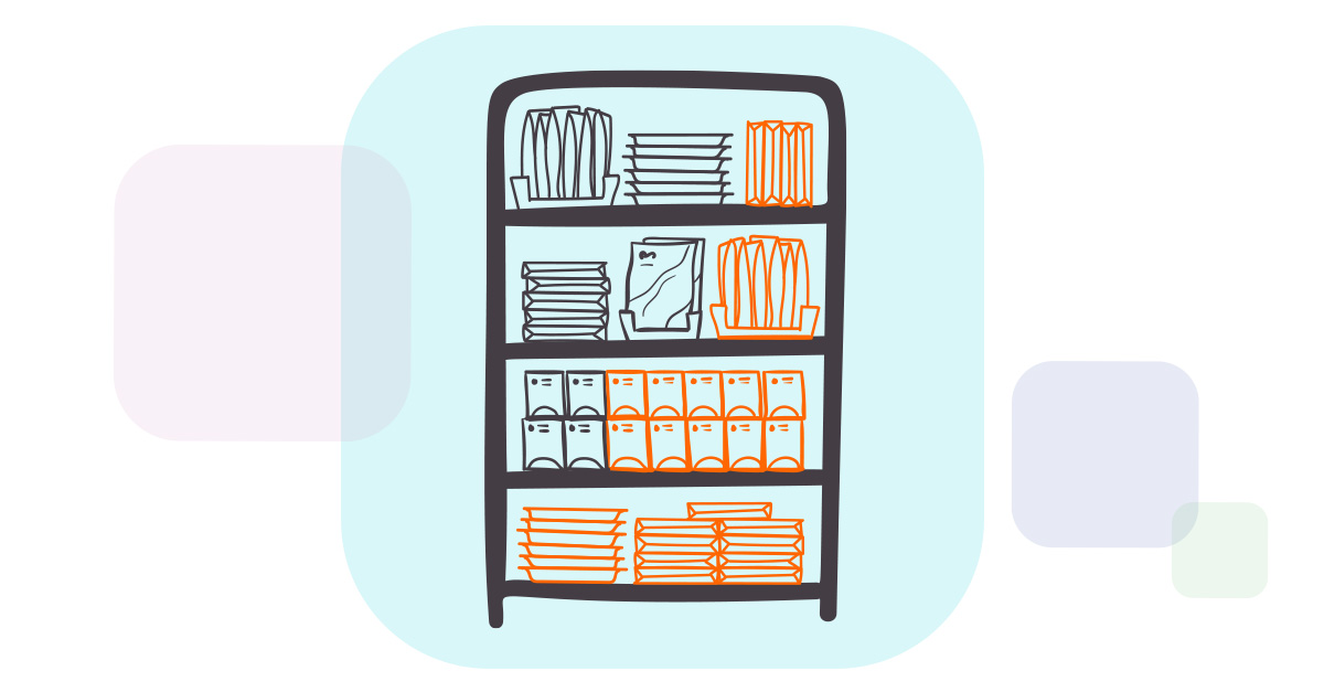 an illustration of medical supply shelves finally balanced by keeping needed product and ordering new product from the secondary market