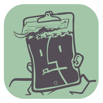 a cartoon Frankenstein made of a clipboard and sewn together inventory data