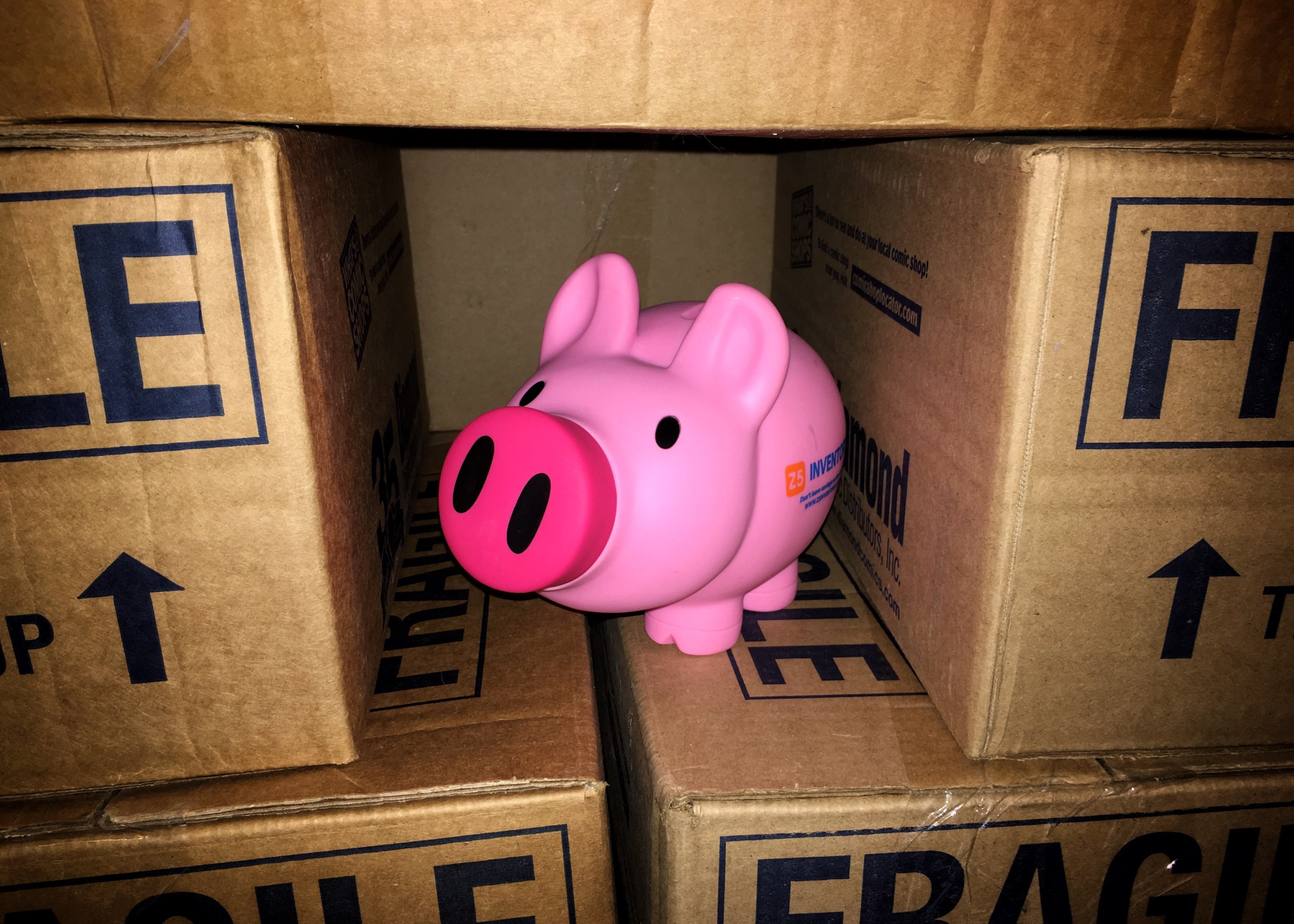 The Z5 piggy bank is surrounded by Amazon shipping boxes.