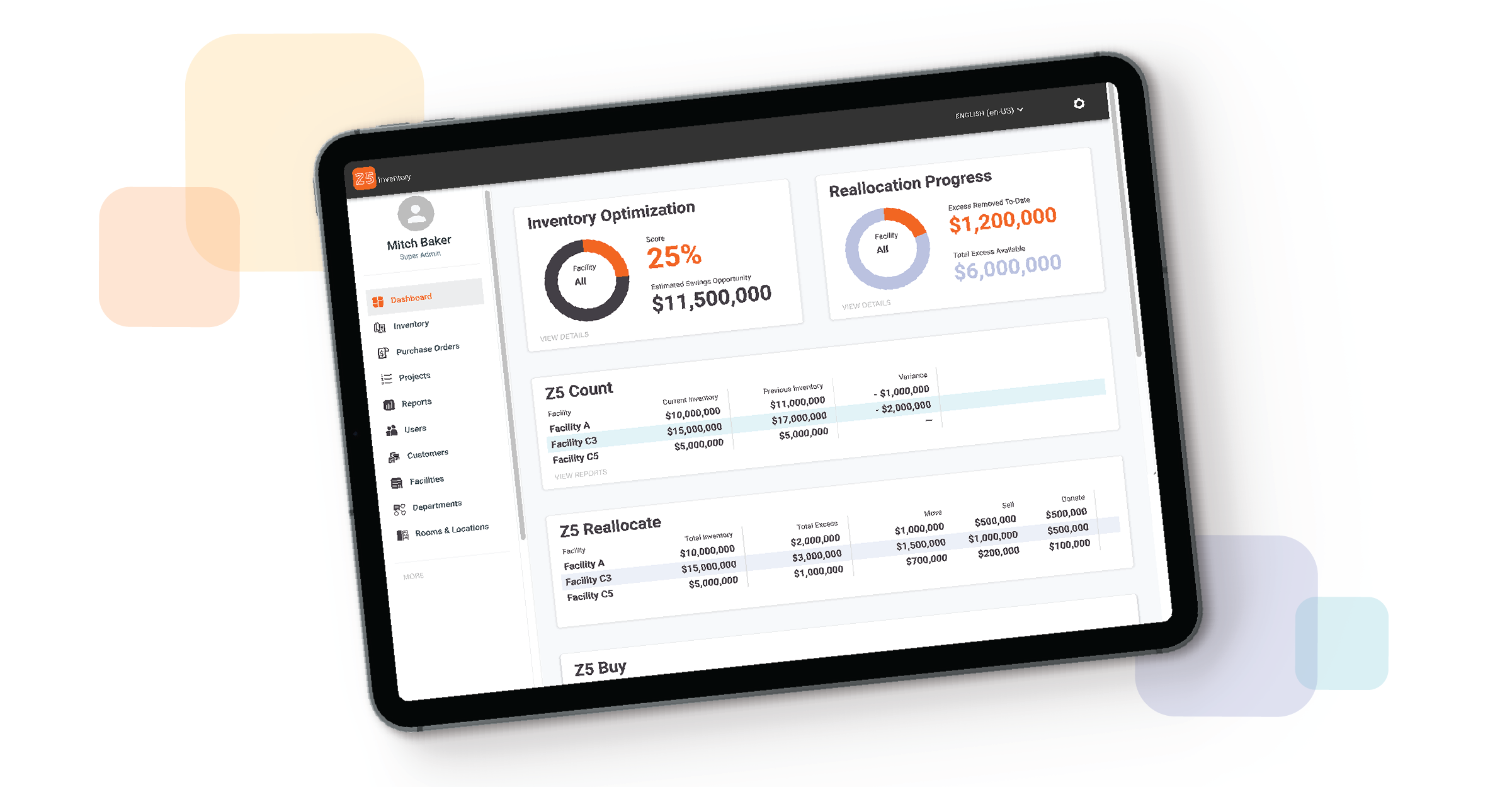 The Z5 app dashboard screen is displayed on a tablet screen