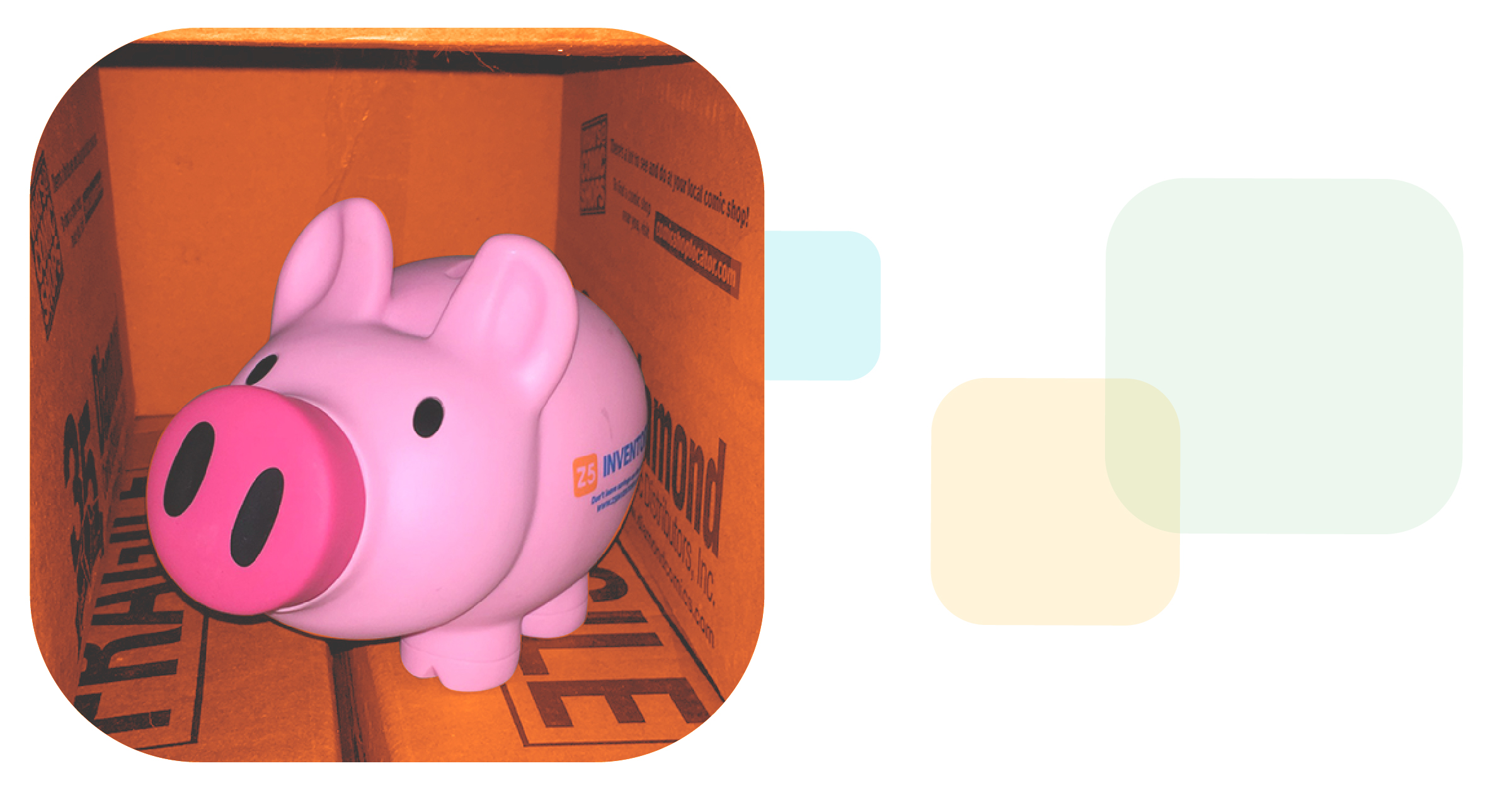 colored chiclets reveal a piggy bank surrounded by boxes